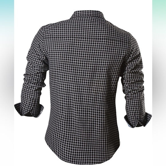 Jeansian Men's Slim Fit Long Sleeves Casual Button Down Dress Shirts-Black/White - Picture 2 of 5